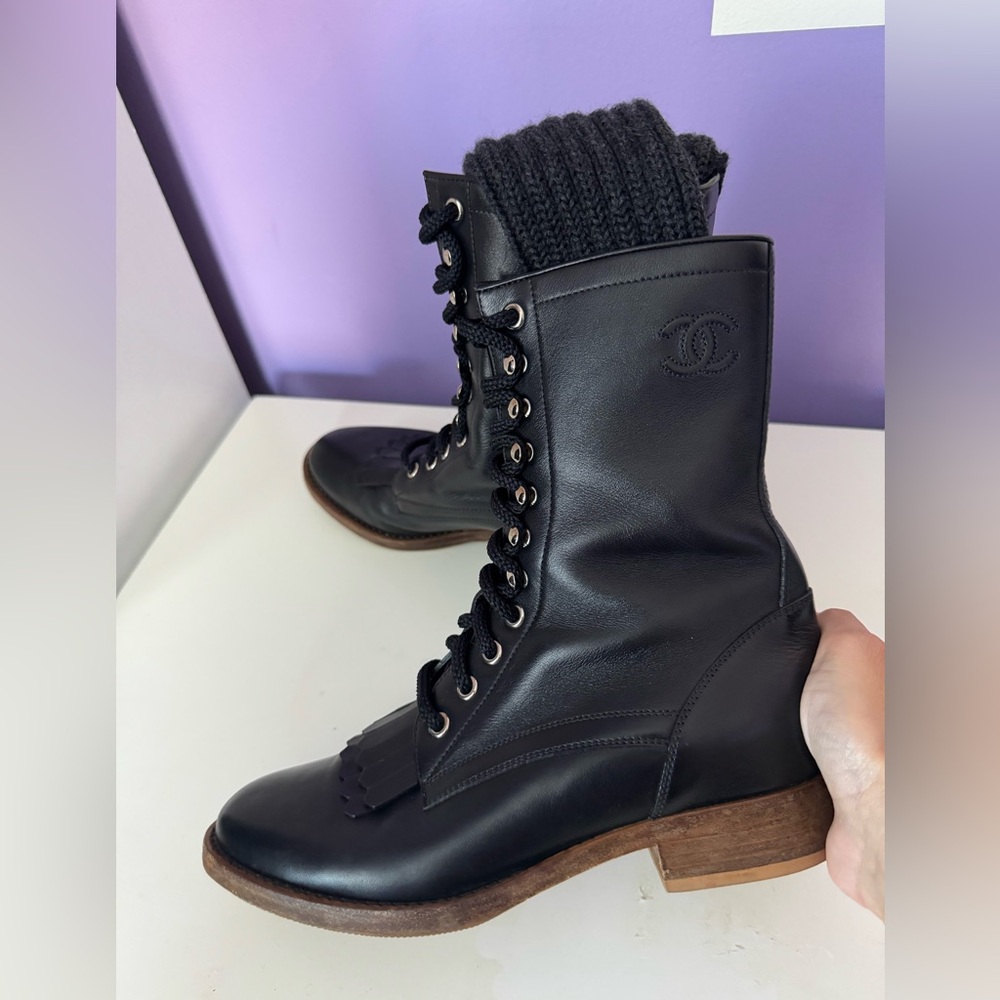 Chanel combat lace up knit sock boots size 38 - Picture 14 of 16